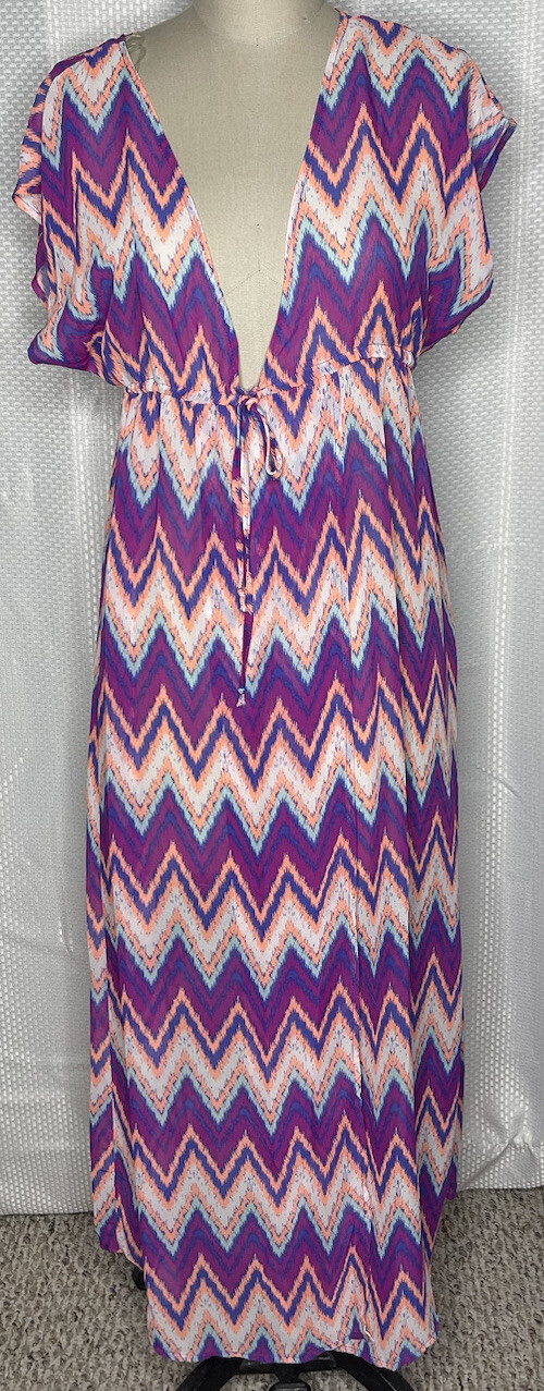 MIKEN SWIM WOMEN’S IKAT PRINT CHIFFON DOLMAN SWIM COVER UP DRESS PURPLE MEDIUM M