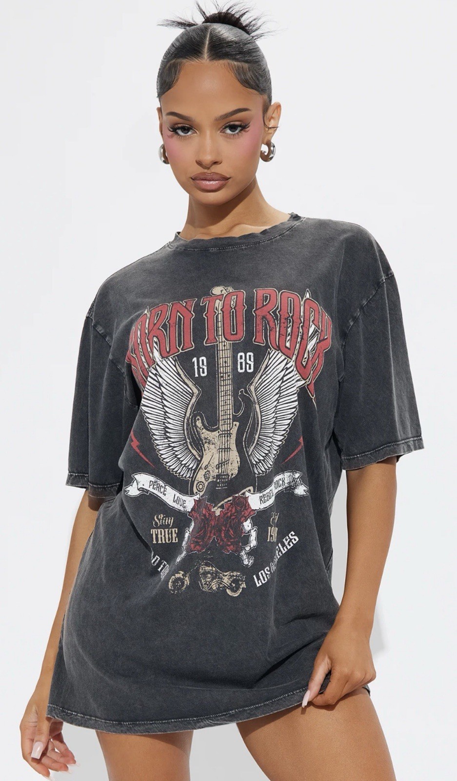 Fashion Nova Born To Rock & Roll Guitar T Shirt Dress Metal Mineral Wash Black M