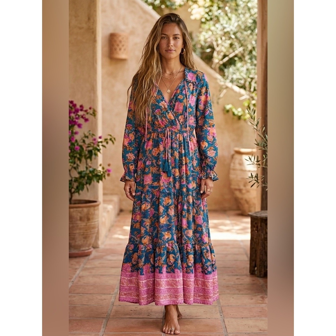 Boemo Teal & Pink Paisley Floral Tiered Maxi Dress – Size M | Boho Cottagecore