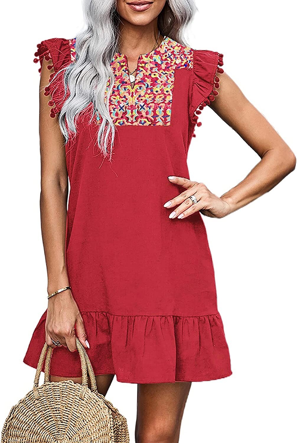 Kirundo Women’s Size Large Red Embroidered Ruffle Dress w/Pom Trim
