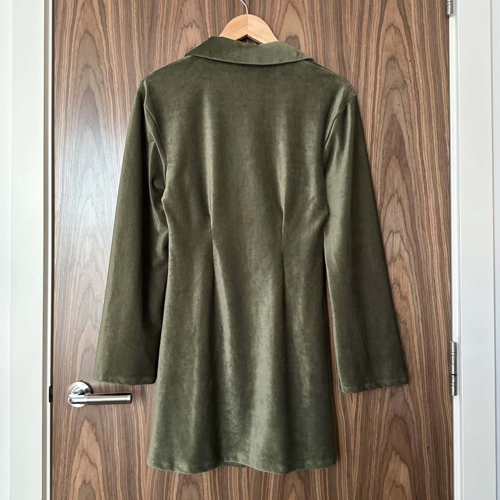 Reclaimed Vintage Khaki Olive Green Soft Ribbed Cord Button Mini Shirt Dress S