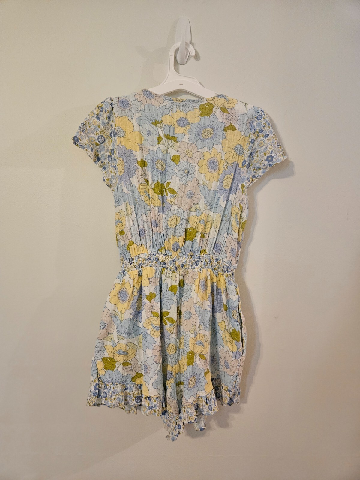 American Eagle White, Yellow, and Blue Short Sleeve Mini Dress with Tie S