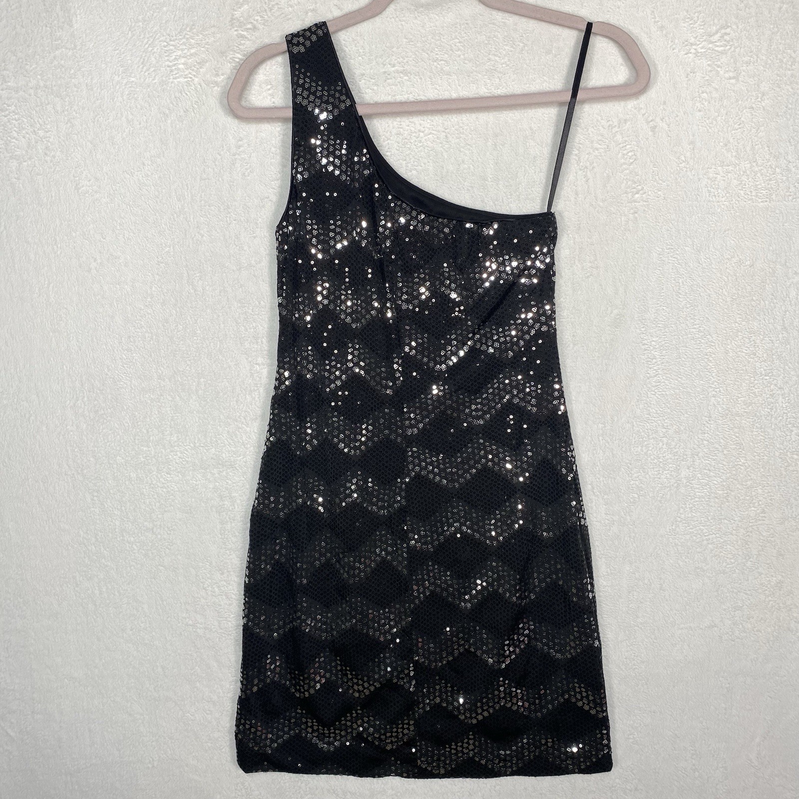 As U Wish Black Sequin One Shoulder Dress M Chevron Sparkle Night Luxe Cocktail