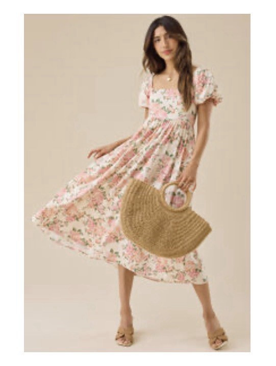Altar’d State Pink Floral Puff Short Sleeve Square Neck Midi Dress, S, NWT