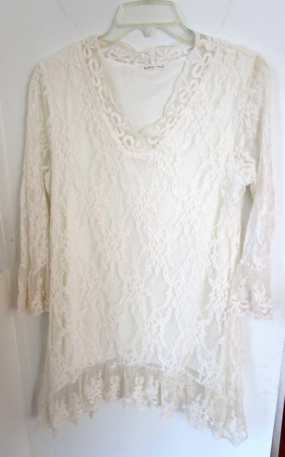 INDIGO SOUL Women Sz M Ivory Gauze Lace Boho Dress Ruffle Hem Slvs Fairycore EUC