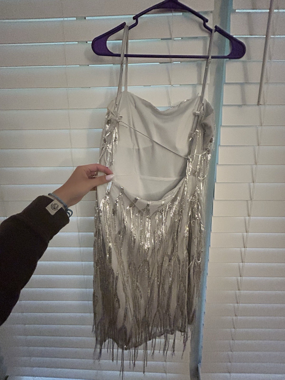 Emerald Sundae Silver Sequin Fringe Mesh Mini Dress L Scoop Neck Strappy Lined
