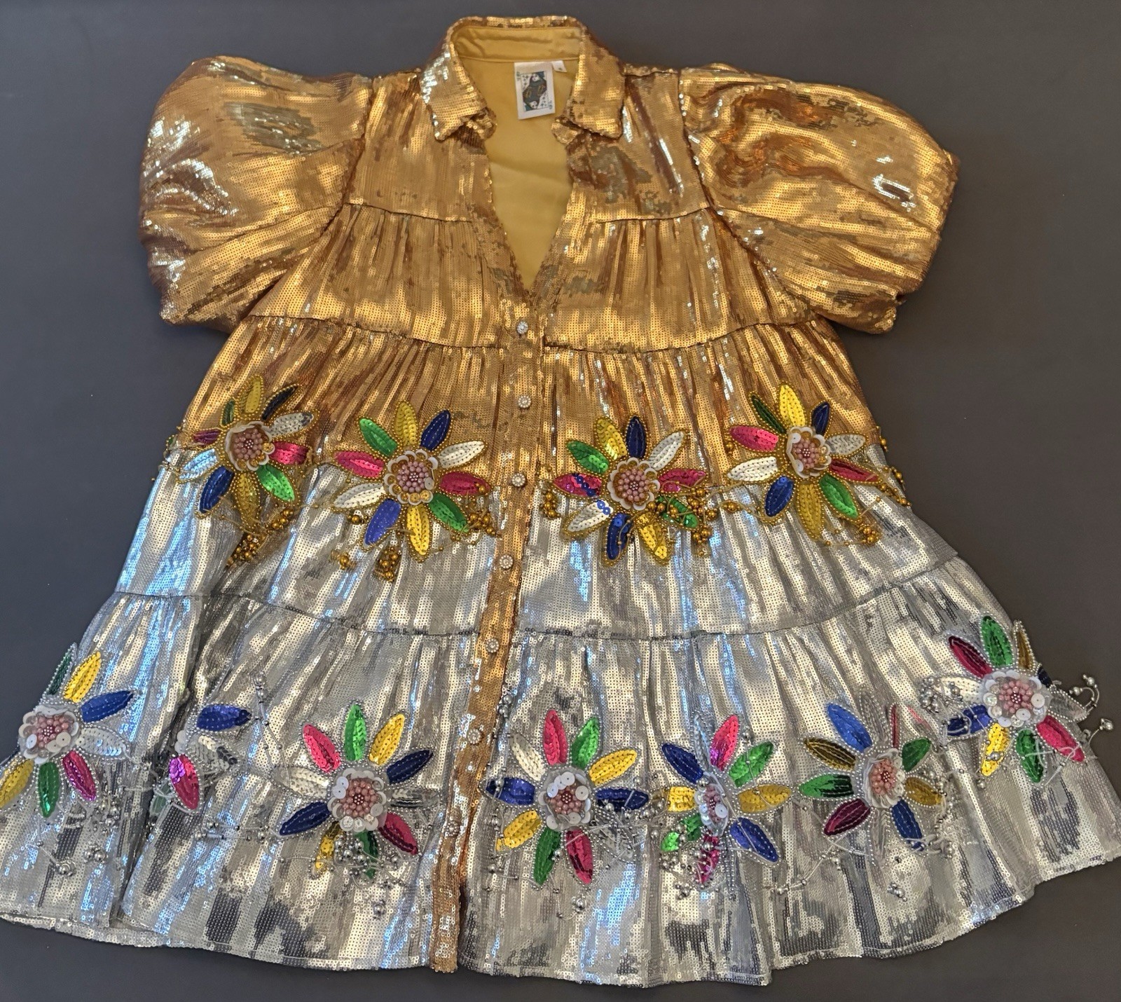 QUEEN OF SPARKLES Gold & Silver Sequin Beaded Puff Sleeve Mini Dress – Size S