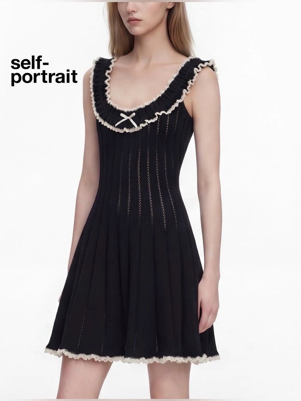 NEW Self-Portrait Black Contrast Trim Knit Mini Dress Ruffle Bow | US XS