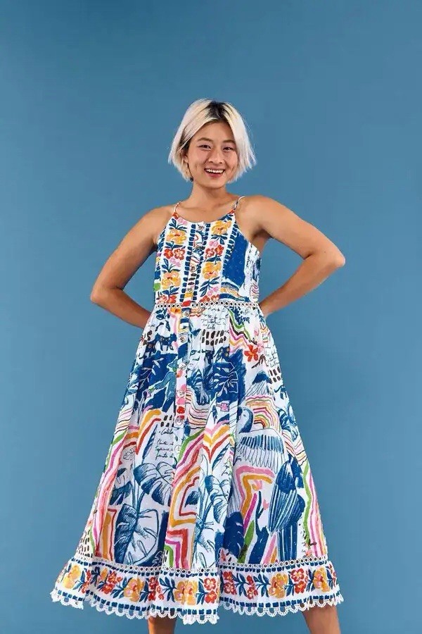 Farm Rio Wild Brazil Midi Dress Cotton Tropical Vacation Sz L