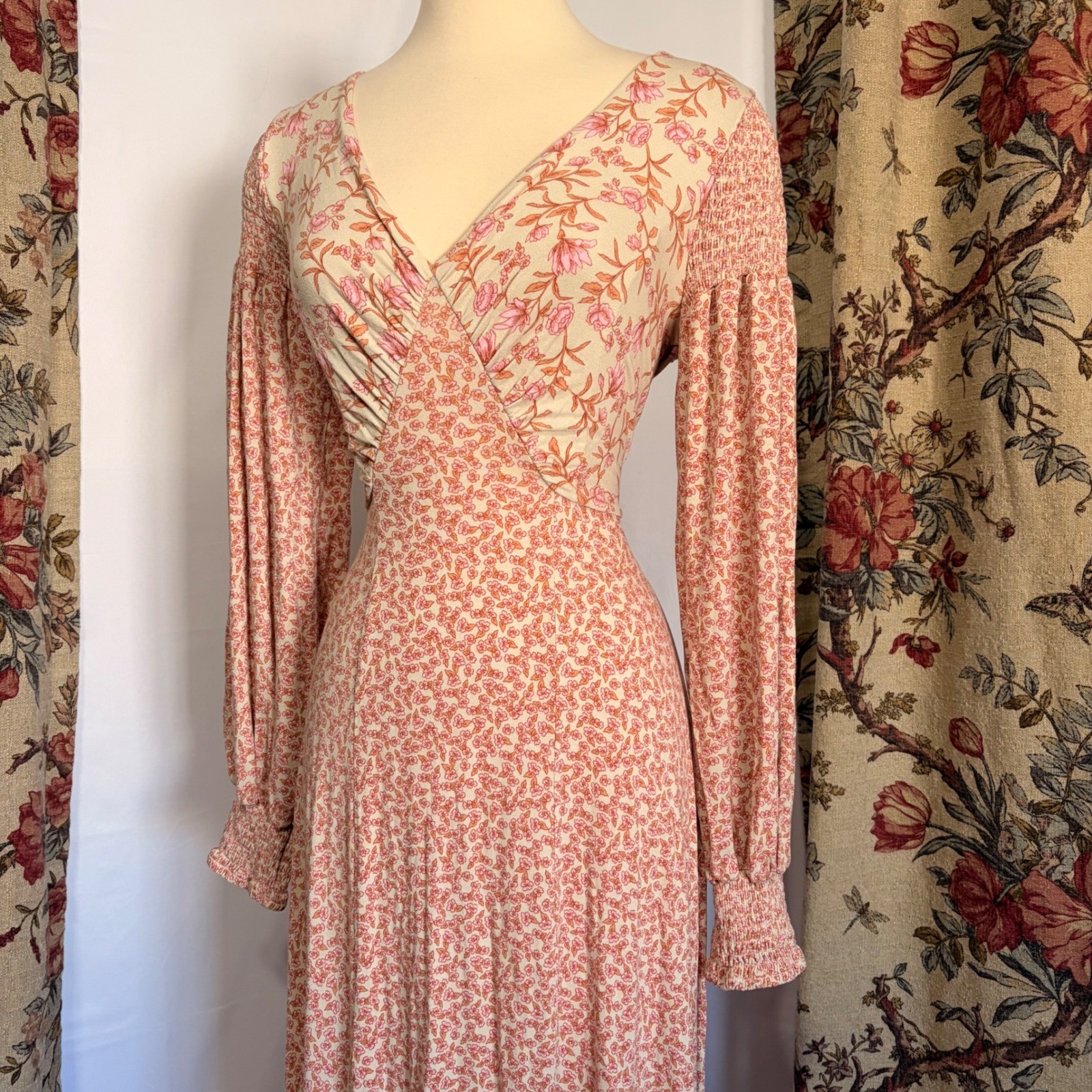 FREE PEOPLE Floral Mixed Print Maxi Dress with billowed sleeves and open back