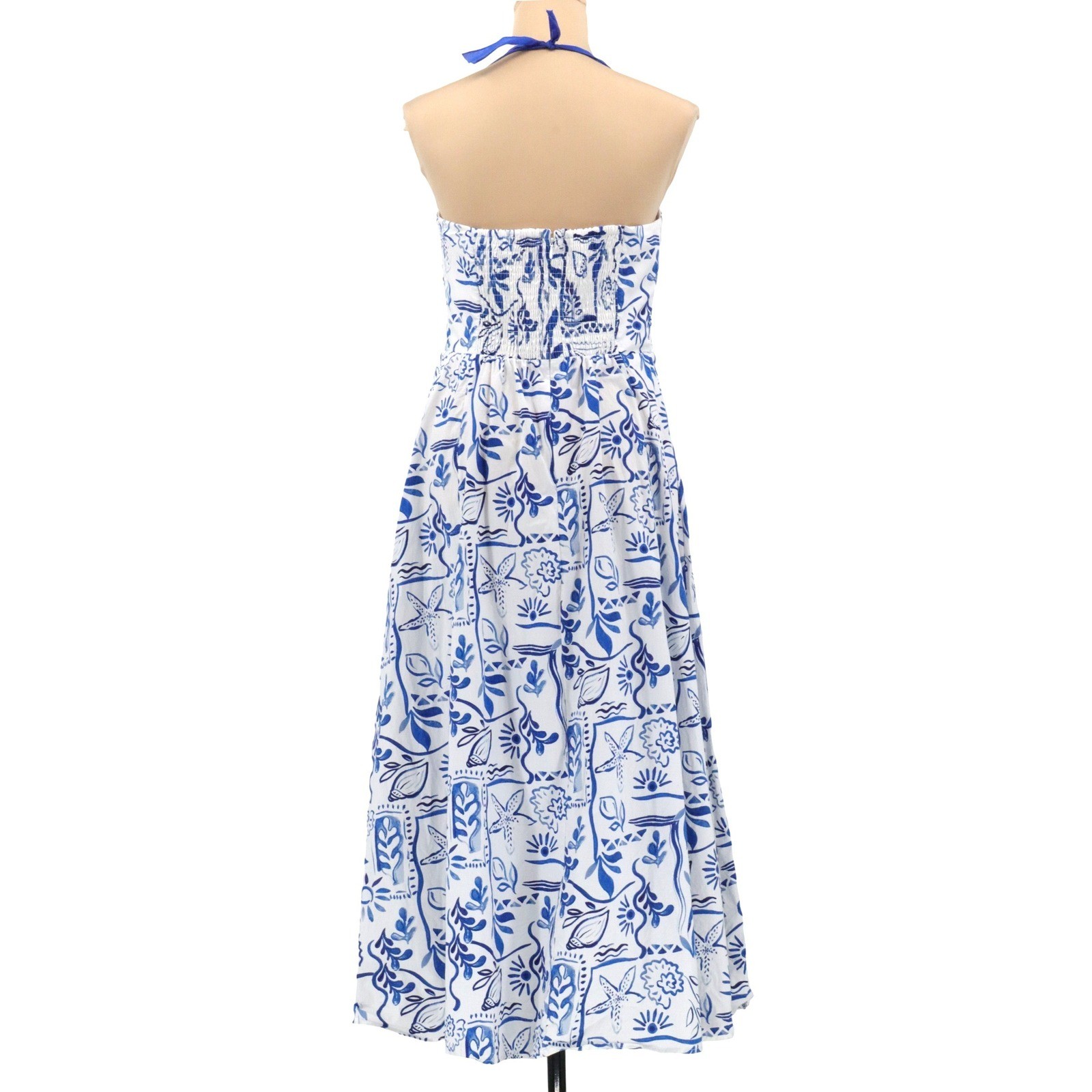 Rachel Zoe Blue White Mediterranean Tile Print Halter Midi Dress Pockets 10
