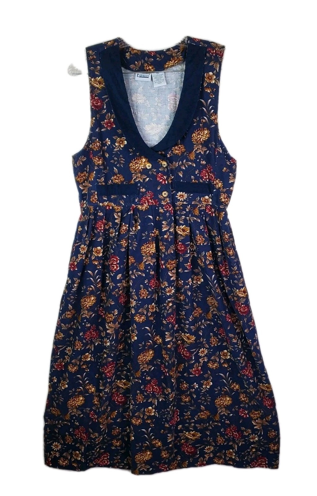 VTG 90’s Capacity Jumper Dress Small Navy Blue Red Floral Midi Corduroy V Neck