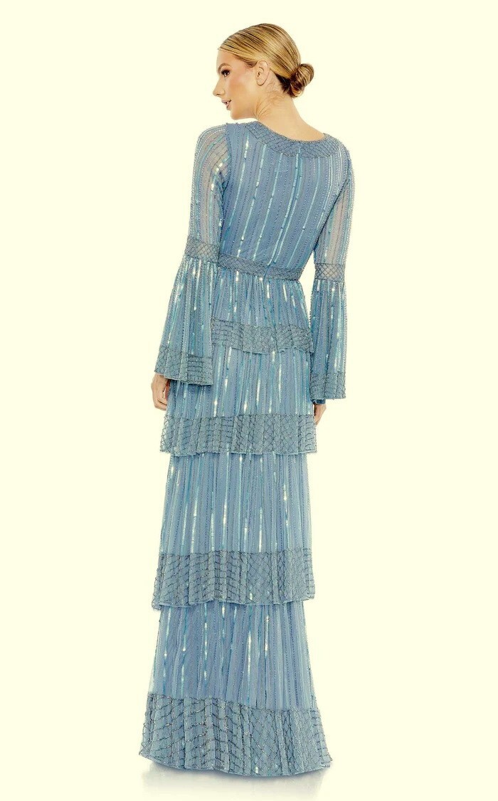 Mac Duggal Blue Sequin Stripe Long Bell Sleeve Tiered Ruffle Gown Size 8 $698