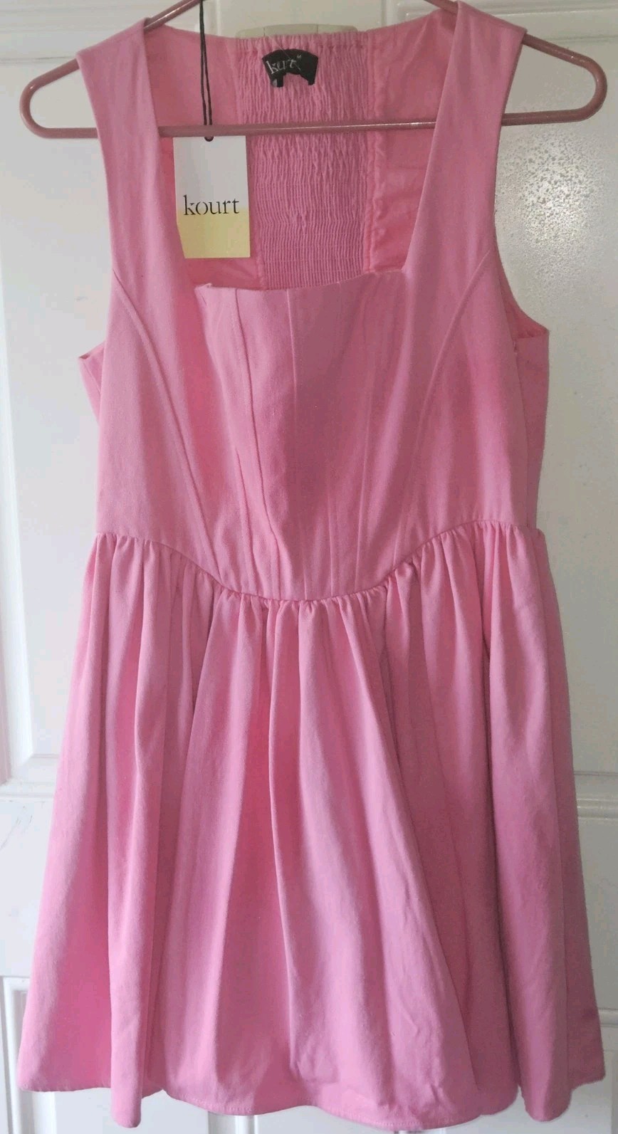 Kourt Pink Denim Corset Pleated Lele Babydoll Fit Flare Mini Dress Size Med NWT