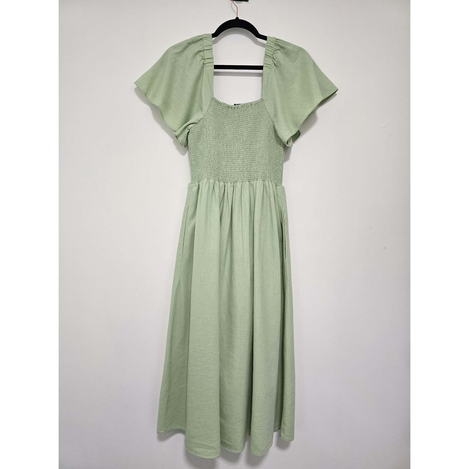 Madewell Linen-Blend Lucie Smocked Midi Dress Size Small Sunfaded Mint MD141