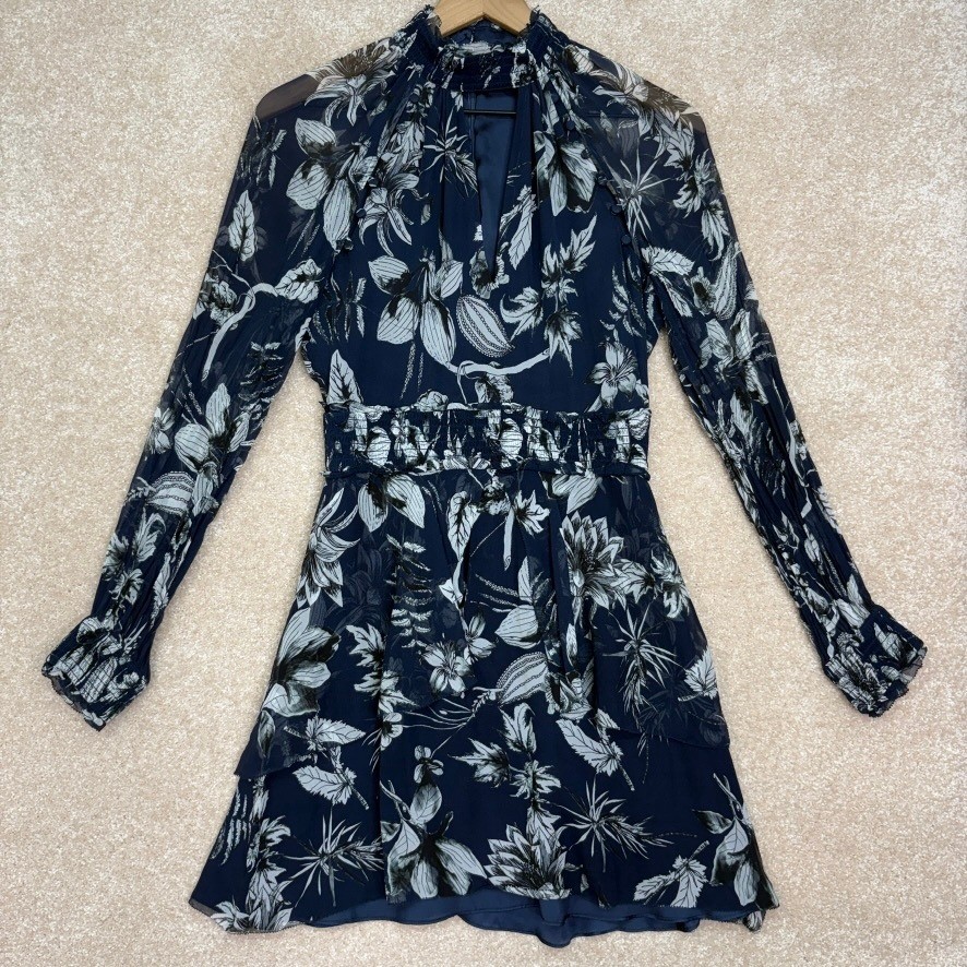 PARKER Floral Silk Dress Size Small Blue Cocktail Wedding Guest