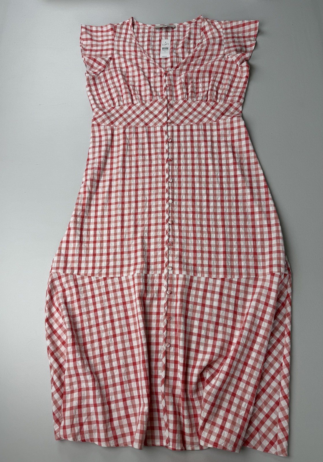 LOFT Dress Womens 12 Red Gingham V Neck Flutter Sleeve Button Midi Sundress