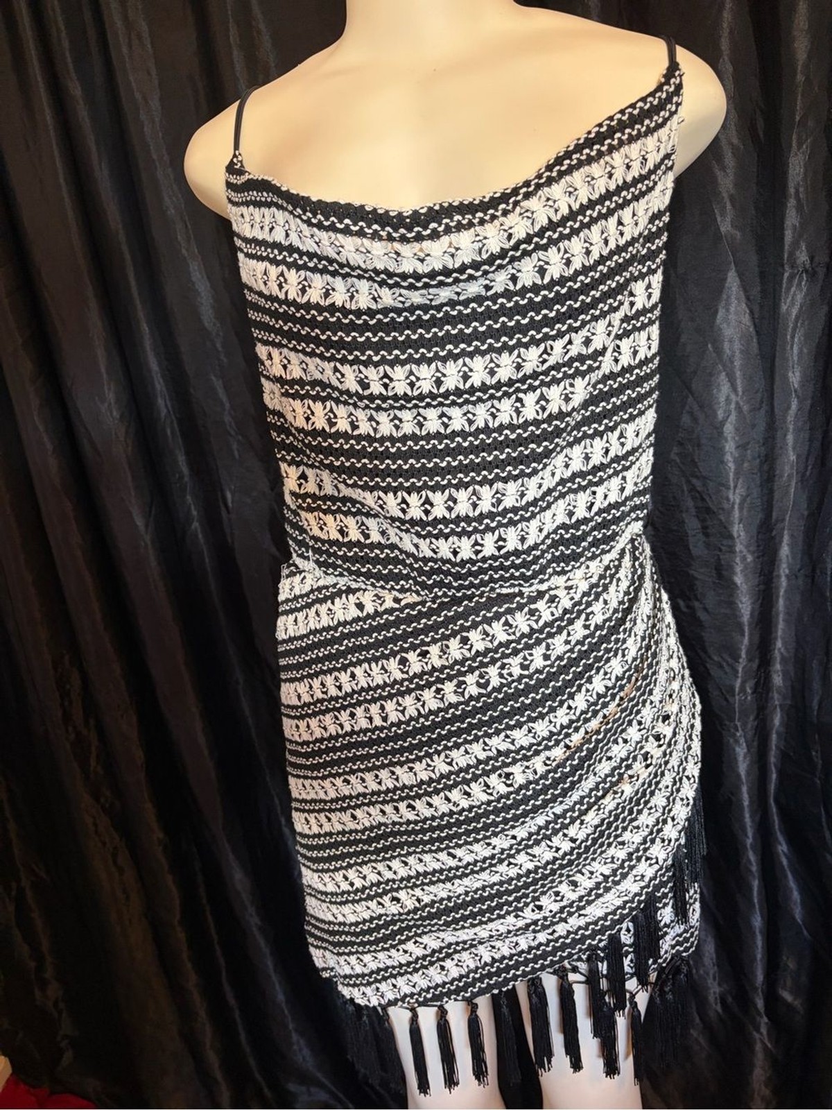 Fashion Nova Black & White Crochet Fringe Mini Dress