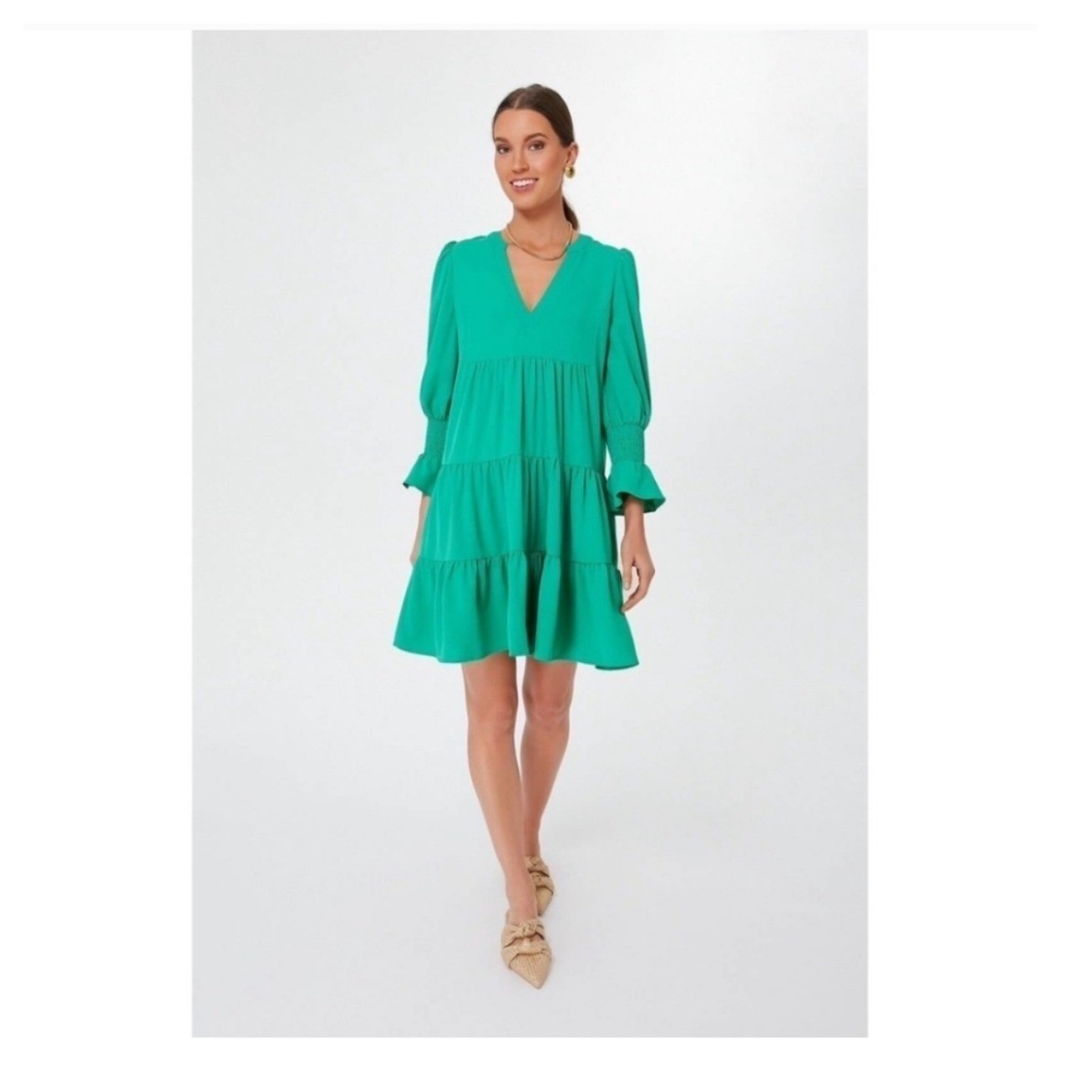 Pomander Place Kelly Green Tiered V-Neck Mini Dress Smocked Cuff Size XXXL