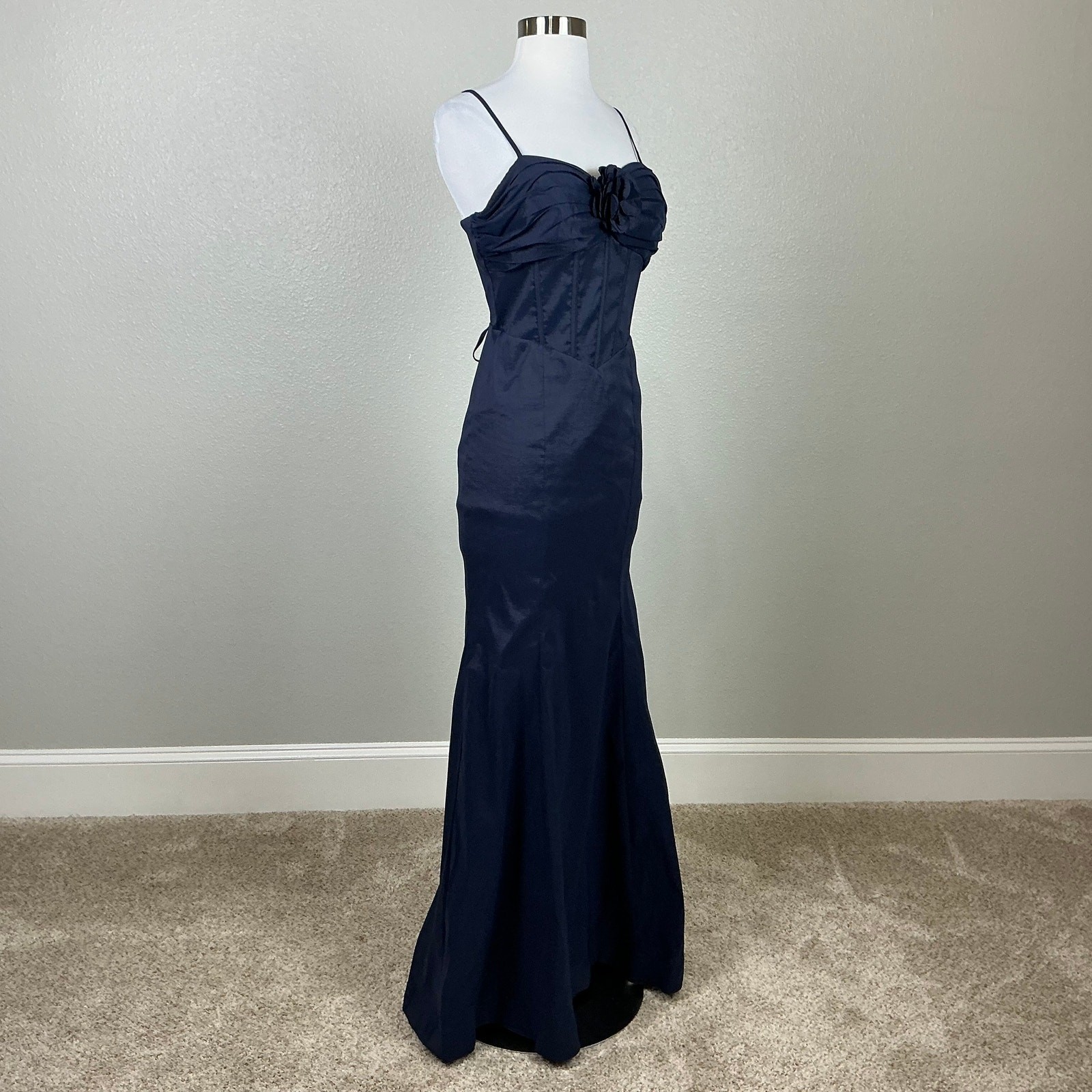 Blondie Nites Navy Blue Evening Gown Satin Lace Up Formal Mermaid Dress Size 7