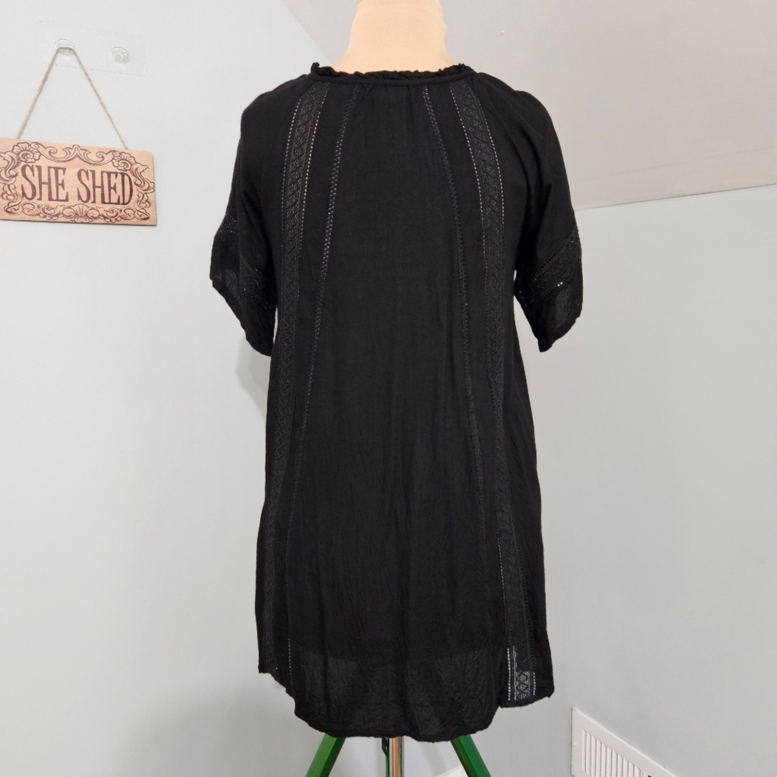 Lagaci Black Boho Embroidered Rayon Tunic Dress Peasant V Neck L Boho Gothcore