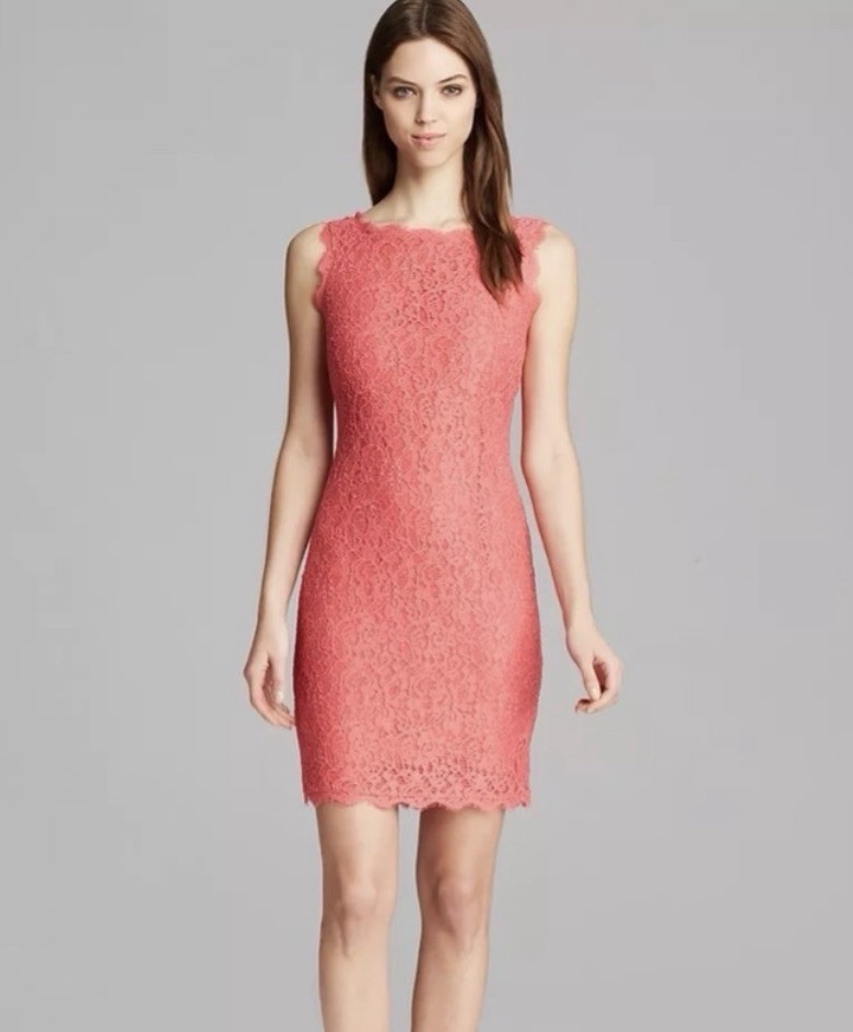 Adrianna Papell Dress Sleeveless Lace Sheath Summer Party Cocktail Coral Sz 4