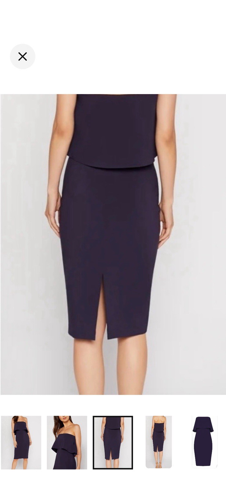 LIKELY Navy Strapless Ruffle Sheath Midi Dress 2 Lined Stretch Zip