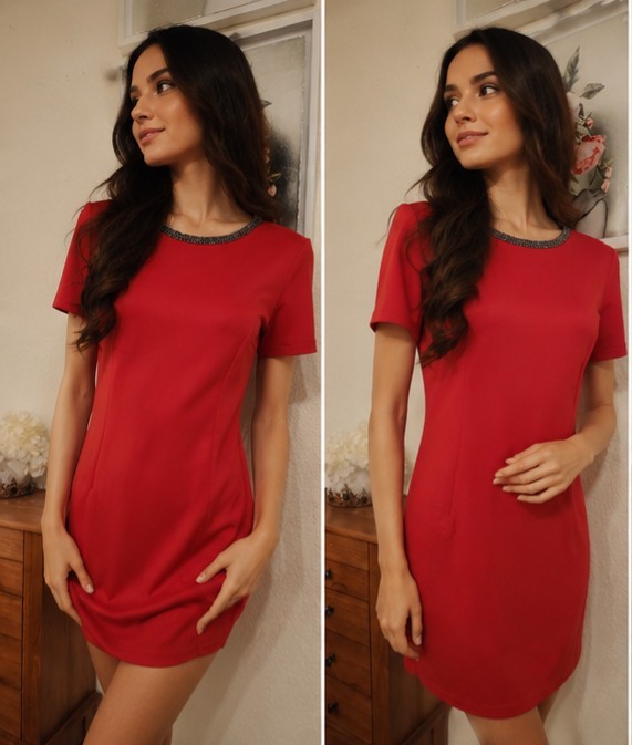 Women Red Solid Shift Short Dress Short Sleeve Round Neck Beaded Accents