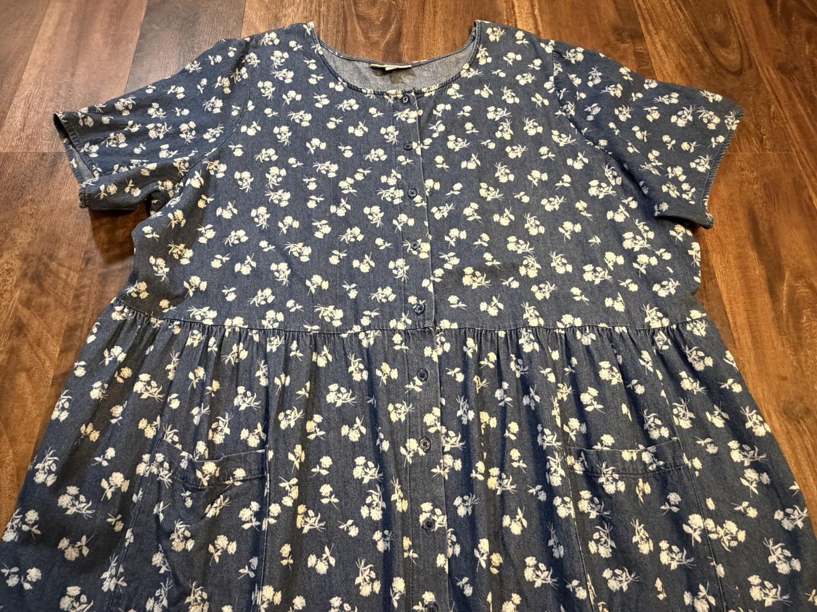 Woman Within Short Sleeve Blue Denim Maxi Dress Women’s 28W w/Floral Pattern