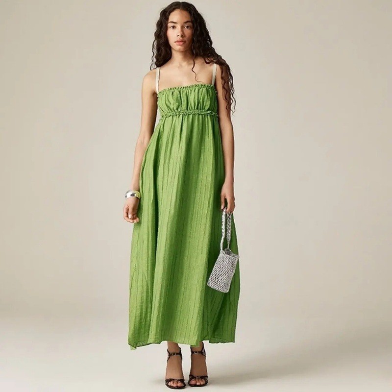 J.Crew Collection Empire-Waist Dress Green Linen Blend Maxi Size 8
