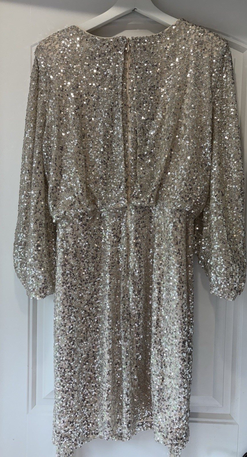Jessica Howard Gold Sequin Sheath Dress Balloon Long Sleeve Round Neck 14P