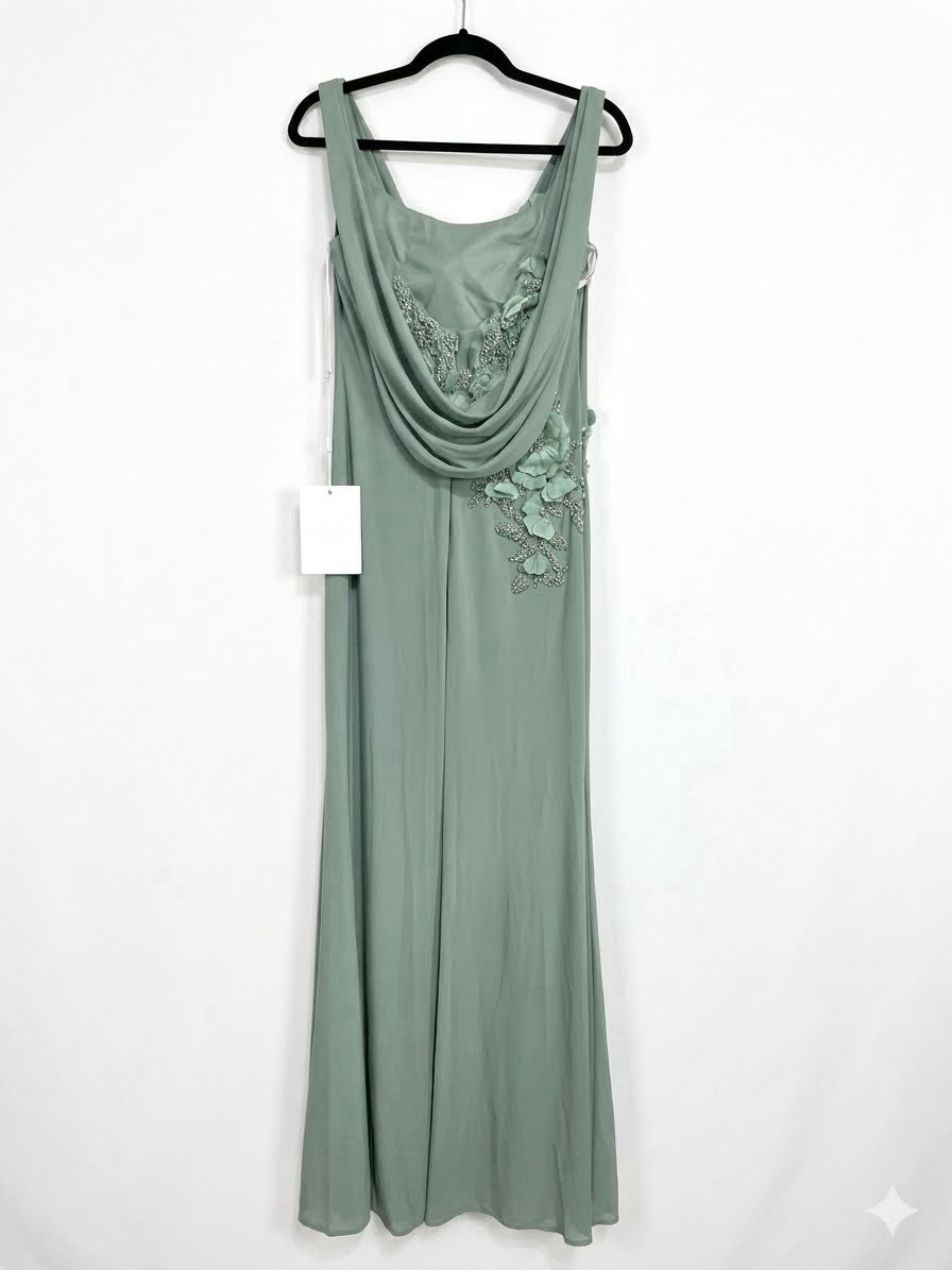 MAC DUGGAL 11910 Green Sleeveless Jersey Gown Size 4 Cowl Neck Beading NWT