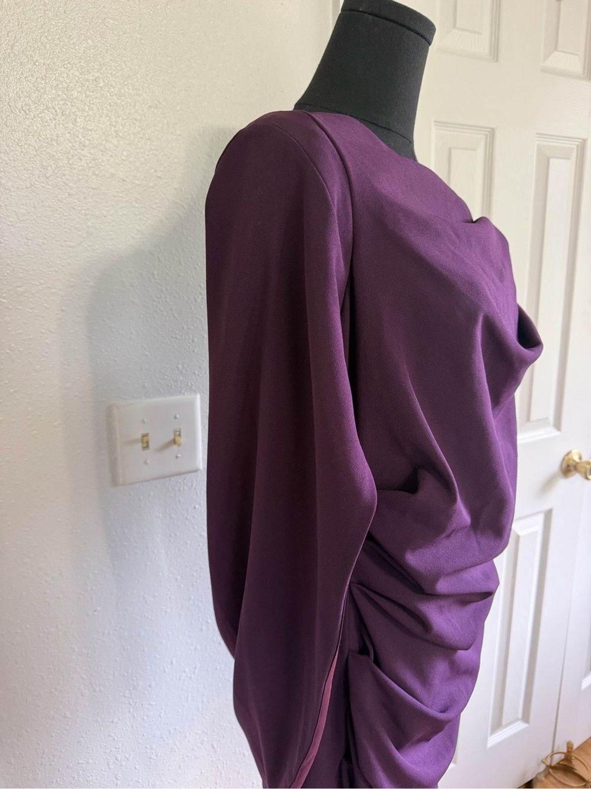 Betsy & Adam Aubergine Draped Cape Back Cocktail Dress 14 Ruched Sheath MOB