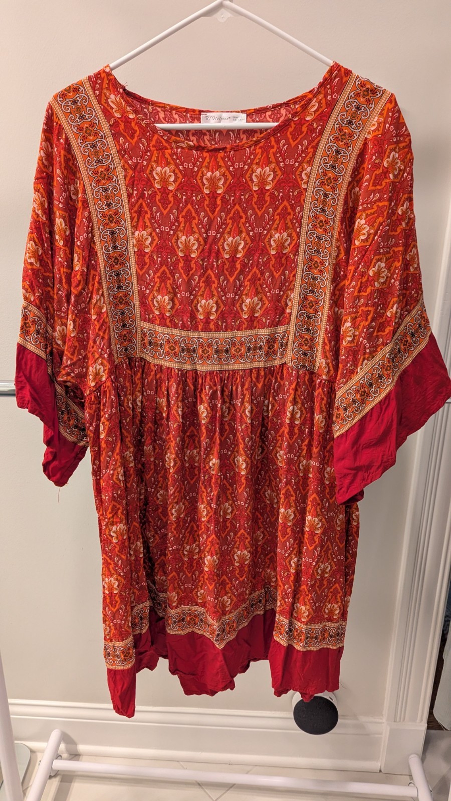 R.Vivimos Womens Large Bohemian Floral Print Tunic Dress Red Orange Boho L 12-14