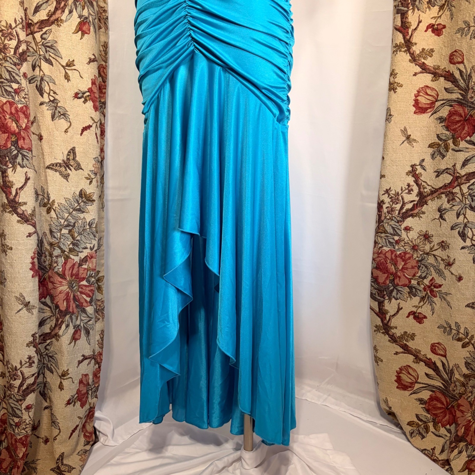 CITY TRIANGLES Turquoise Beaded Halter Ruched mermaid style gown silver detail