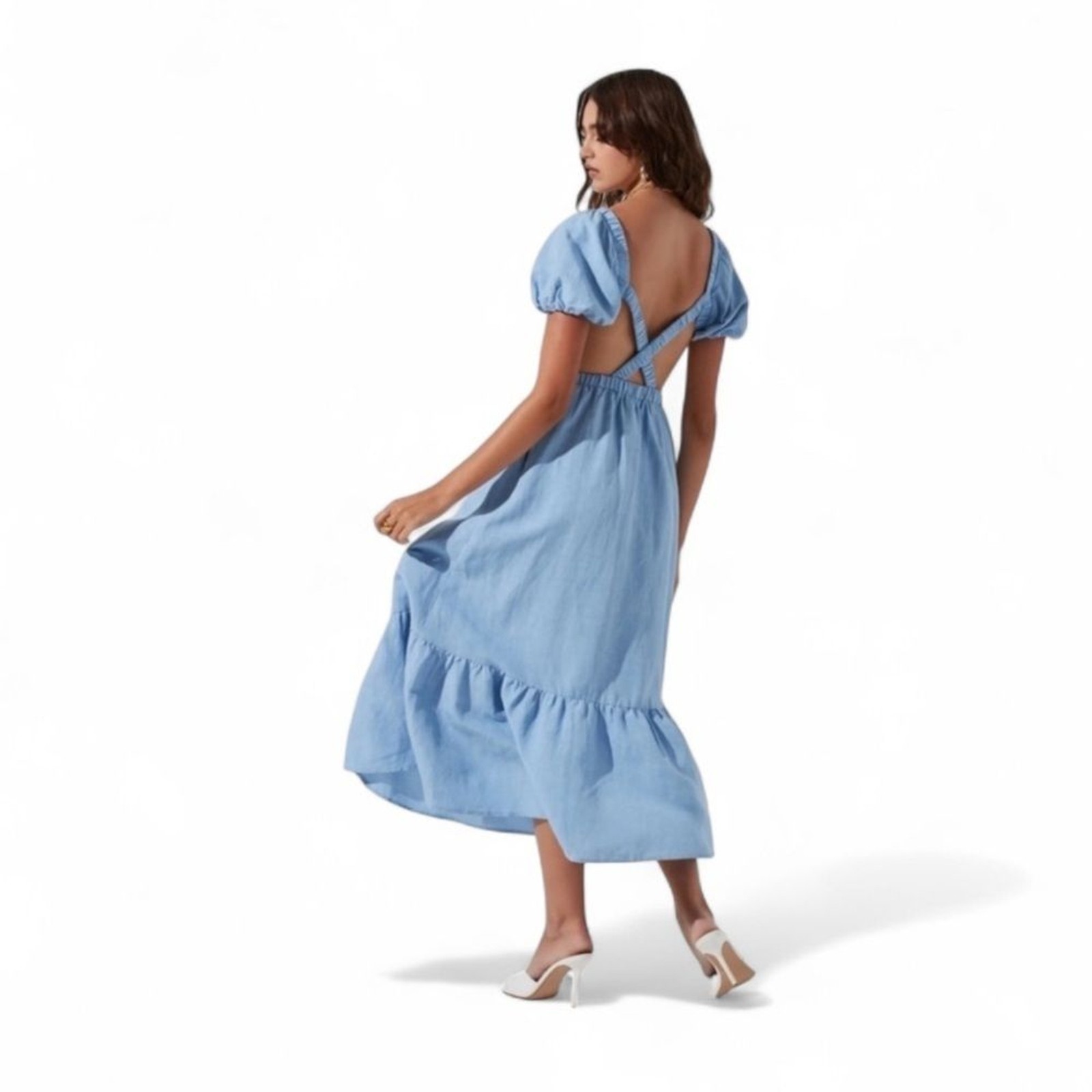 ASTR The Label Jelena Light Blue Backless Dress with Puff Sleeves Maxi Dress M