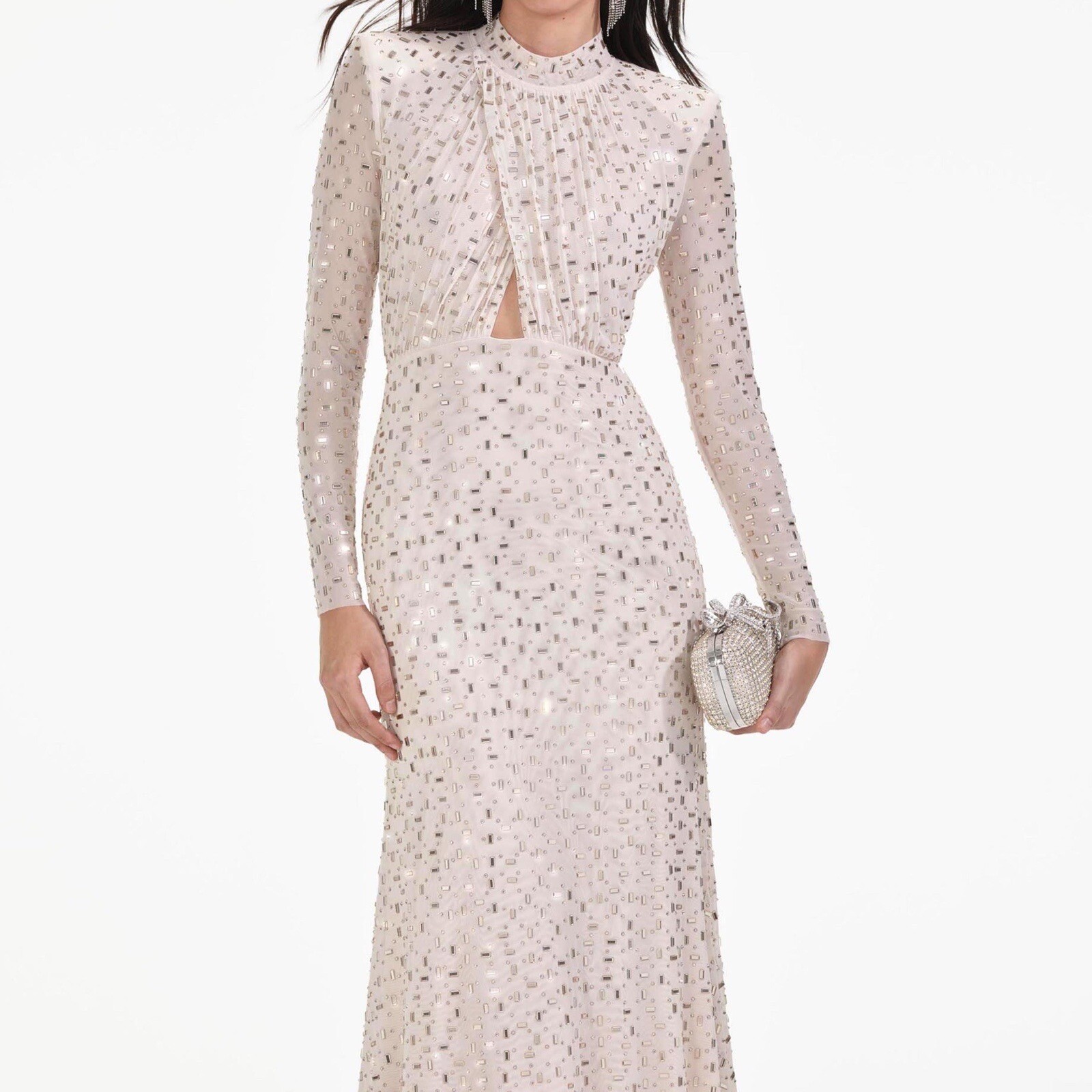 self portrait CHAMPAGNE RHINESTONE MESH MIDI DRESS $700 UK 6，US2