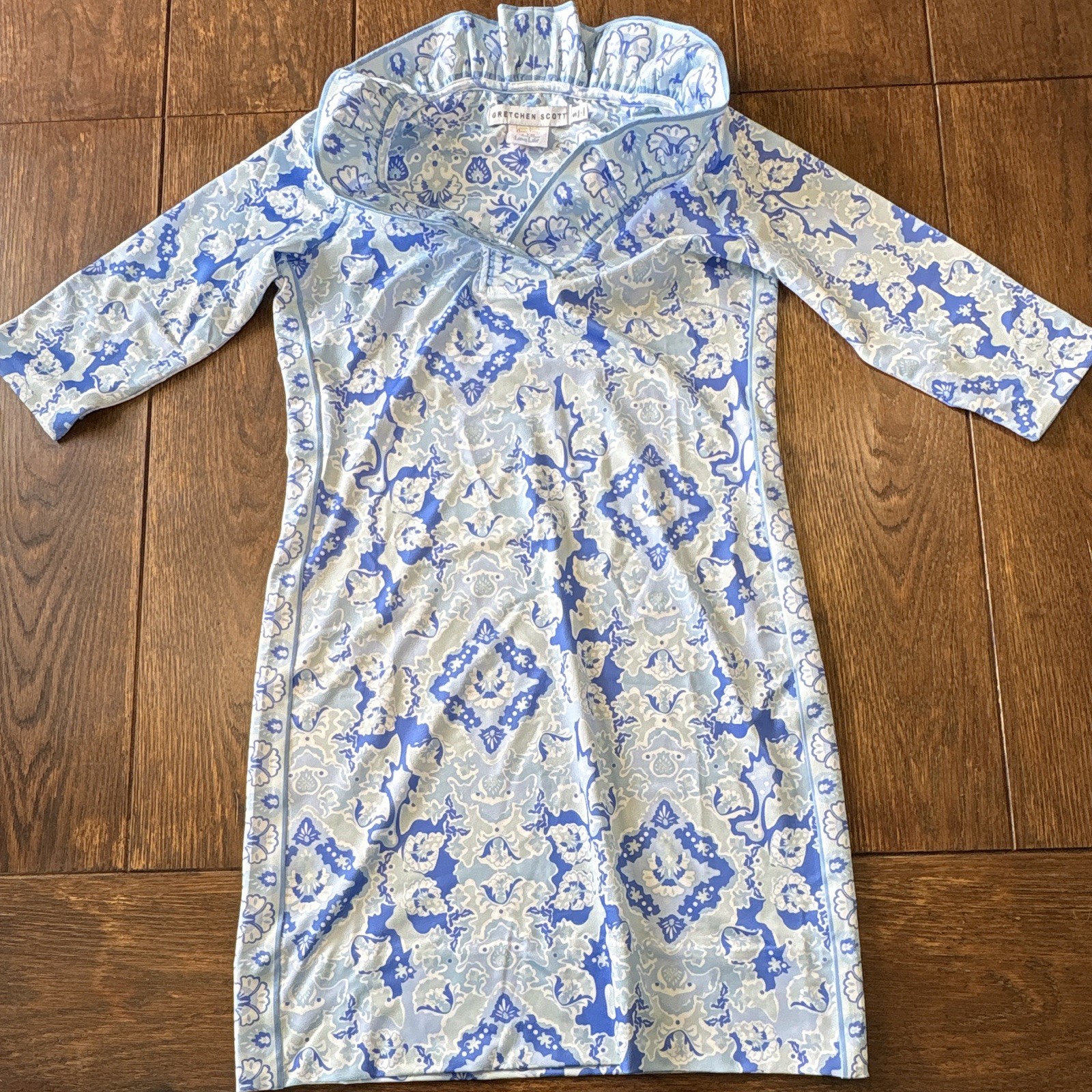 Gretchen Scott Blue White Floral Ruffneck Dress Cowl Neck 3/4 Sleeve Pullover S
