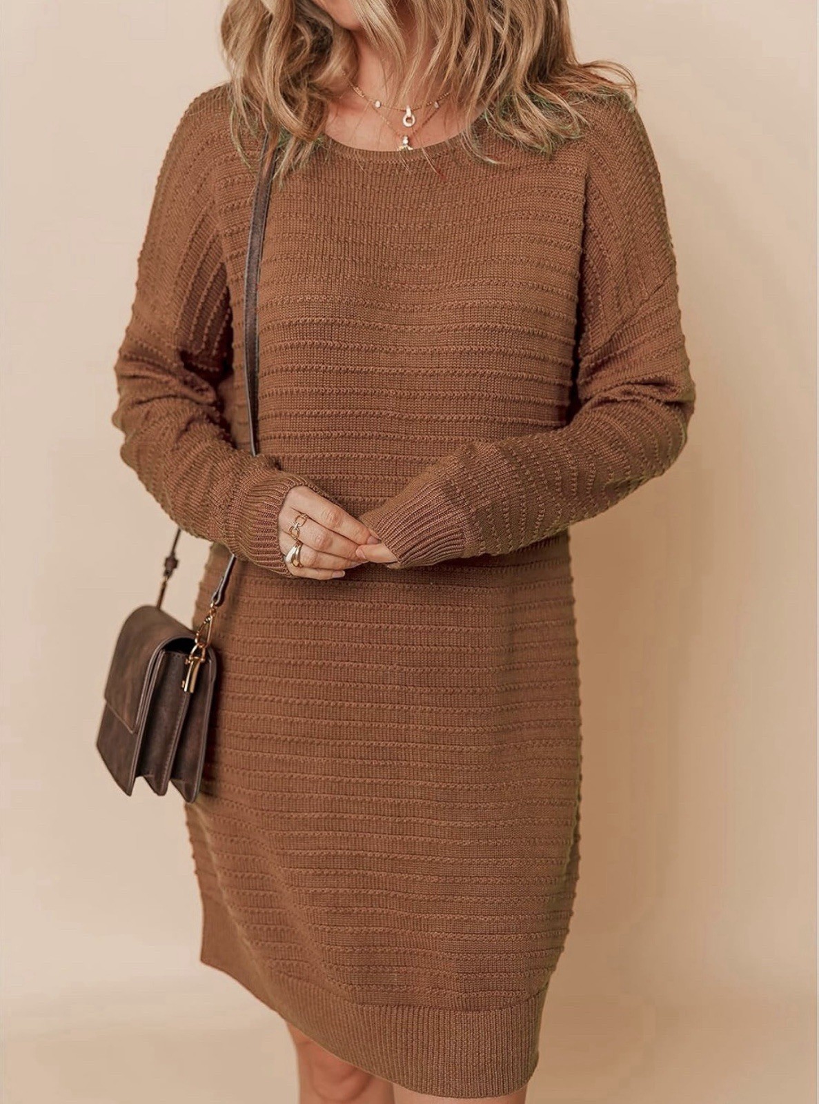 Women’s Brown Solid Ribbed Knit Sweater Dress Round Neck Long Sleeve size M