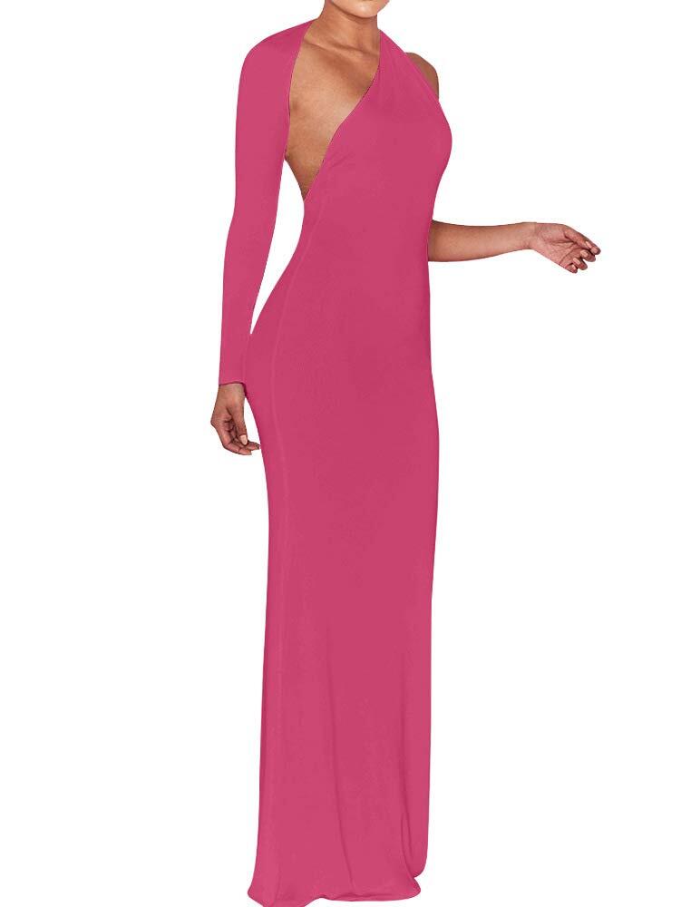 BEAGIMEG Womens Sexy Elegant One Shoulder Backless Evening Long Dress Rose Small