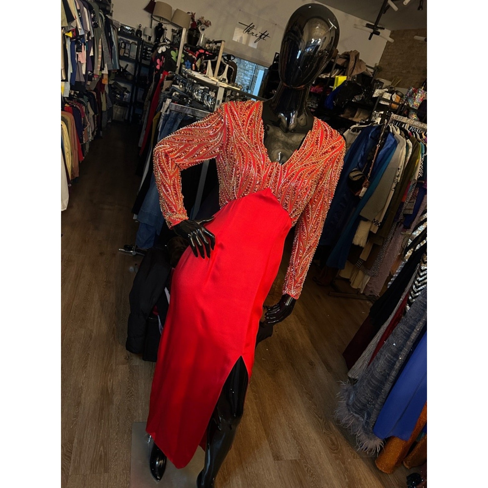 Sho Max Originals Red Beaded Long-Sleeve Evening Dress