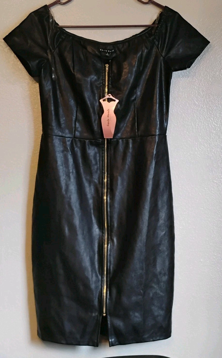 Haute Monde Black Faux Leather Zip Front Bodycon Midi Dress Size L NWT