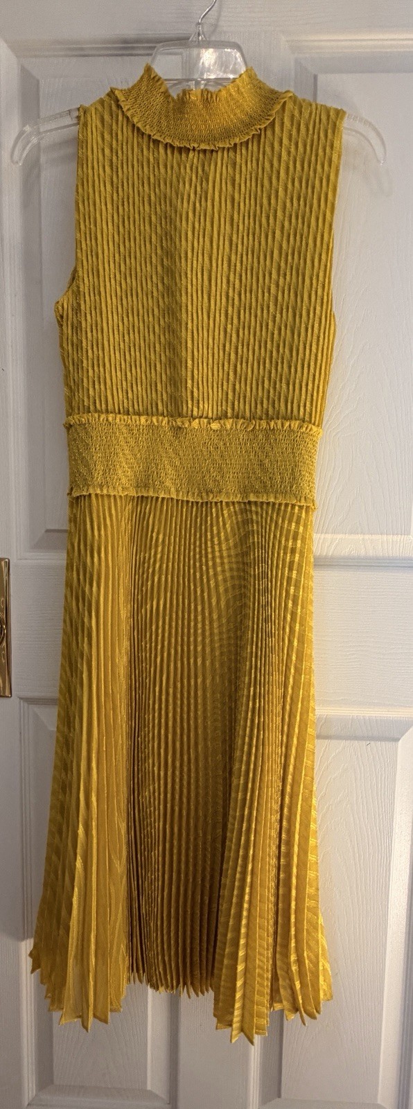 Nanette Lepore Yellow Pleated Chiffon Midi Dress Lined Zip High Neck Size S