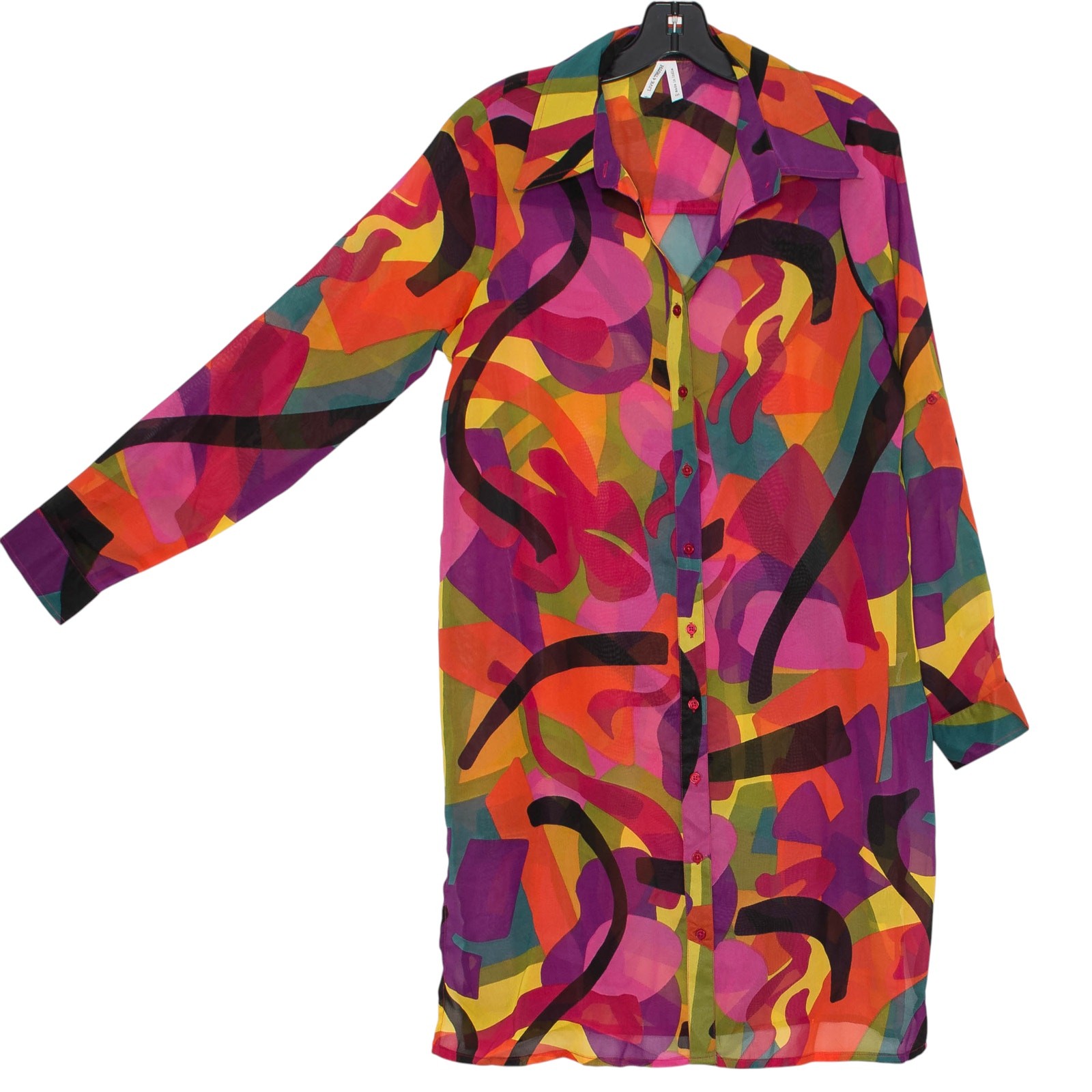 NWT Shirt Dress Psychedelic Sheer Abstract Button Up Colorful Retro Boho Medium