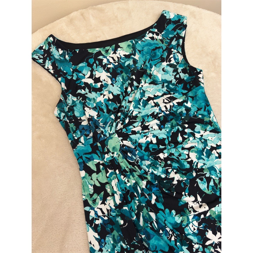 Connected Apparel Dress Womens Size 10 Teal Black White Floral Ruched