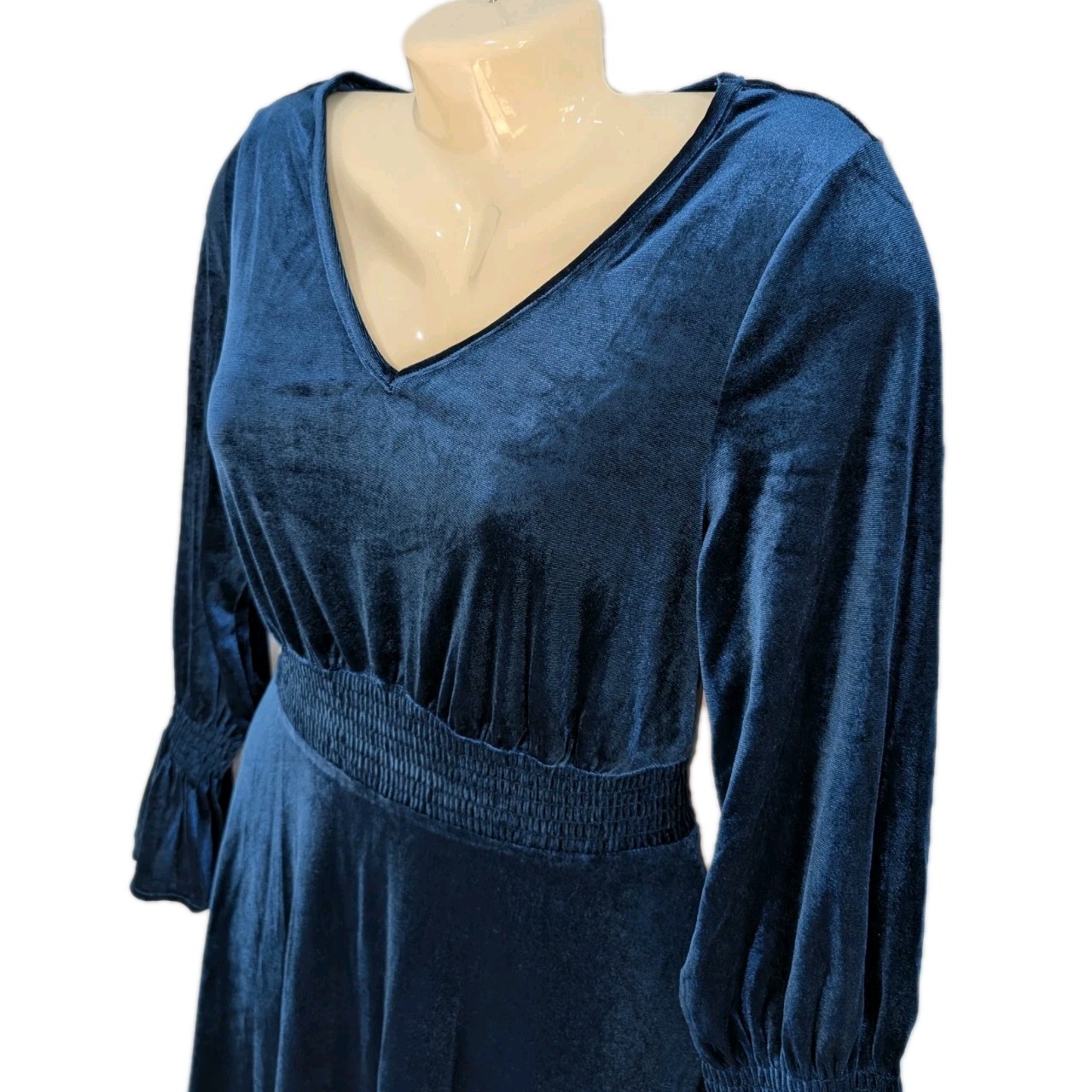 Womens Peacock Blue Velvet Elastic Smocked Waist V-neck Midi Party Dress Size M