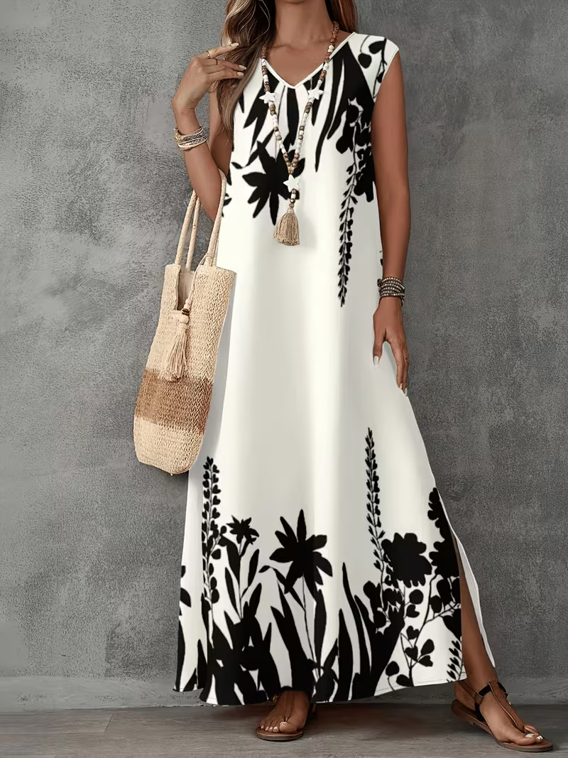 Sultry Cream/Black Print Maxi Dress V-Neck Slit Flowy Plus Size 2XL 3XL 4XL Boho