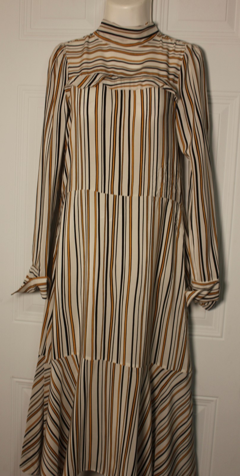 Dorothee Schumacher SatinDress Mock Neck Tiered Midi Luxury Designer SZ Medium