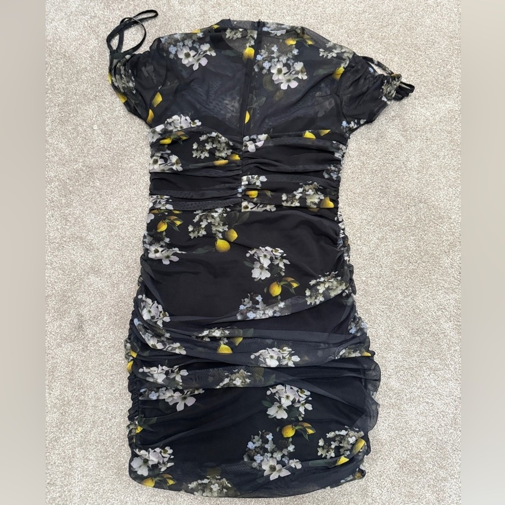 AllSaints – Giorgia Eugenia Floral Lemon Print Minidress w Ruching – size 6