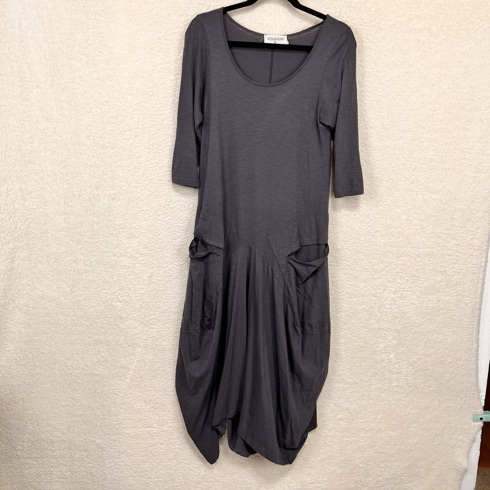 Verandah By Vina Dress Women’s One Size Gray Cotton Midi Lagenlook Pockets